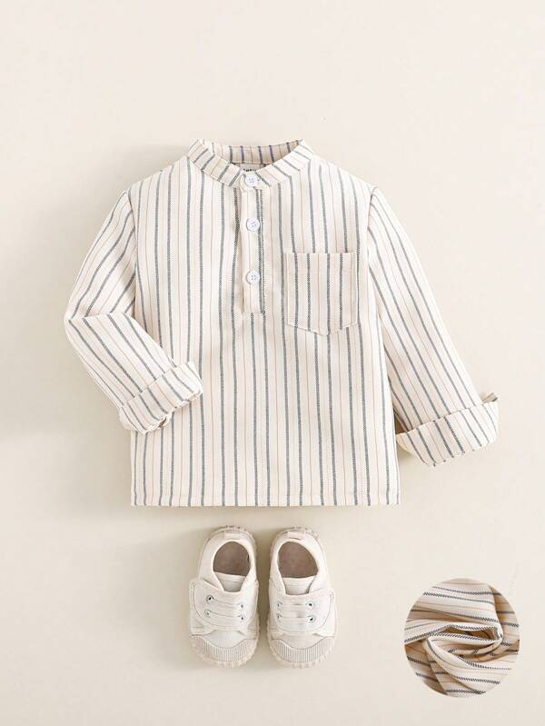 Souflis Souflis Young Boys Toddler Casual Fashionable Textured Striped Fabric Henley Collar Half-Button Long Sleeve Pocket Shirt, Suitable For Spring, Autumn, Parties, Outings, School And Daily Wear