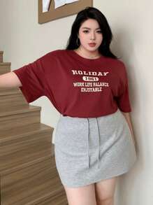 Dazy Plus Christmas Plus Size Loose Fit Round Neck Short Sleeve T-Shirt With Letter Print, Chinese New Year, Spring/Summer Oversized T-Shirt,Graphic Tees - Burgundy - View 7