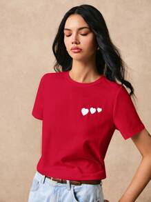 Poéselle Mujer Camiseta De Manga Corta Con Corazones Estampados - Rojo - Ver 3