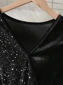 SHEIN Tween Girls Velvet Rhinestone Bow Cinched Waist V-Neck Waist Cinched Party Dress, For Christmas - Black - View 3