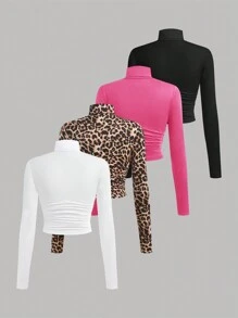 SHEIN Girlism 4 件装少女纯色豹纹印花高领褶皱长袖 T 恤套装
