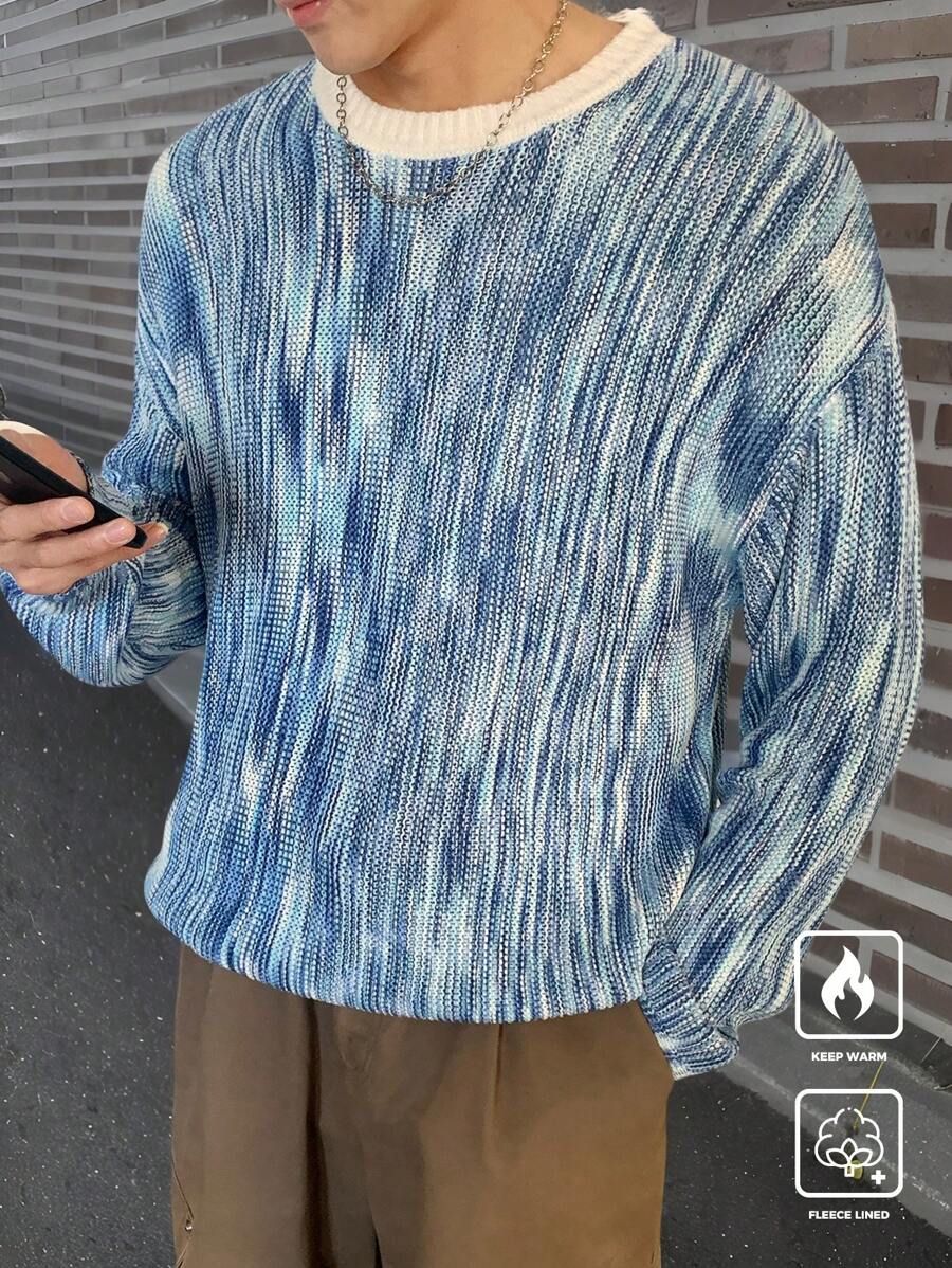 Manfinity CasualKnits Men's Solid Color Patchwork Round Neck Long Sleeve Casual Knitted Sweater