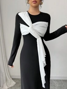 Elenzga Vestido feminino patchwork manga longa simplista casual preto e branco - Preto - Ver 3