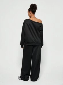 Coolane 女孩冬季 Y2K 学院风日常穿着数字印花保暖不对称领口长袖运动衫和白色松紧腰带阔腿运动裤