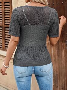 EMERY ROSE Suéter de punto gris de manga corta y escote en V casual para mujer, versátil para primavera/verano