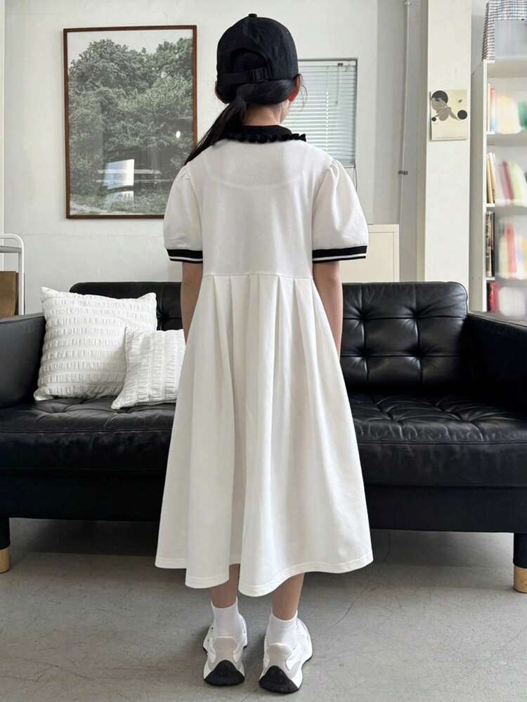 Tween Girl Polo Letter Print Knit Short Sleeve Dress, Summer