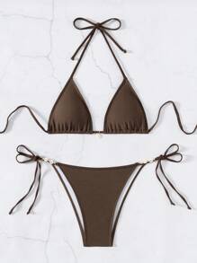 Swim SXY Conjunto de bikini de triángulo con tiras de atar en el cuello, de unicolor y sexy para mujeres - Café integral - Ver 7