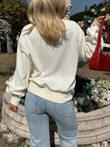 Chiquease Casual Bow Decor Drop Shoulder Sweatshirt, Autumn/Winter Pullover Fall Sweatshirt - Beige - View 2