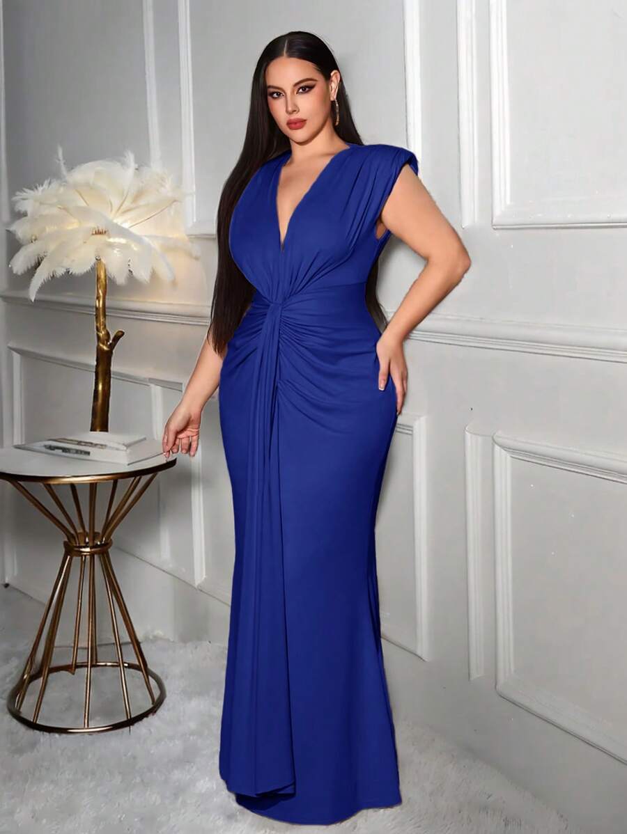 SHEIN SXY Plus Size Women's Solid Color Deep V-Neck Ruched Mermaid Hem Bodycon Elegant Dress - Blue - View 1