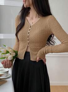 DAZY Solid Color Textured Long Sleeve V-Neck Elegant Resort Blouse For Women, Spring/Summer,Fall Clothes