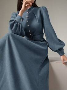 Heiryn Women's Stand Collar Button Design Lantern Sleeve Elegant Long Dress - Dusty Blue - View 1