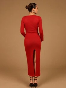 Glamine Party Red Bodycon V-Neck Dress For Women - Red - View 2