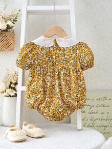 SHEIN LMoss Kids LMoss Newborn Baby Girl Cute Ditsy Floral Pattern Collared Short Sleeve Bodysuit, Summer - Yellow - View 2