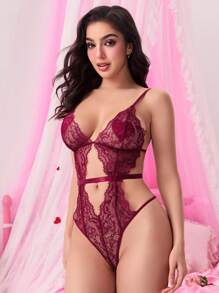 ROMWE Goth Body sexy romántico con tirantes calados de encaje para el Día de San Valentín