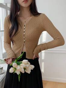DAZY Solid Color Textured Long Sleeve V-Neck Elegant Resort Blouse For Women, Spring/Summer,Fall Clothes