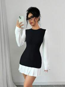 Chiquease Autumn/Winter Fitted Short Pleated Round Neck Dress, Versatile & De-Aging - Black and White - View 3