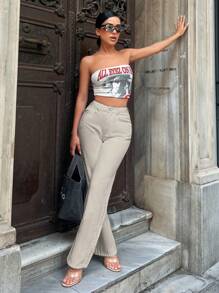 EURMUSE Casual Solid High Waist Straight Leg Jeans