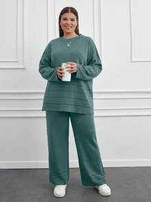 RueChic Pull oversize femme avec décolleté rond et pantalon évasé. Ensemble 2 pièces pour l'hiver - Vert - Voir 1