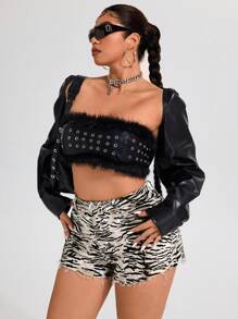 SHEIN ICON 大码女式时尚虎纹水洗磨边牛仔短裤 - 彩色 - 查看 5