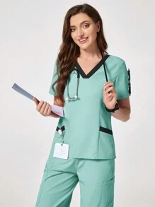 TaskEZ Contrast Trim Short Sleeve Scrub Set, Scrub Uniform - Mint Green - View 5