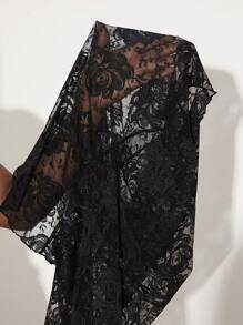 SHEIN SXY Women Plus Size Romantic Valentine's Day Series High Neck Floral Lace Sheer Long Sleeve Blouse