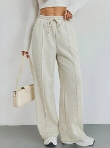 SHEIN PETITE Women Fall Khaki Pebble Seam Detail Straight Leg Sweatpants Graduation,Back To School Outfits,Graduation,Teacher Outfits For Women,Back To School