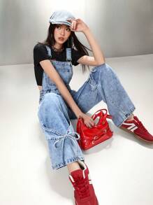 SHEIN EZwear Women's Denim Bib Pants And Jumpsuit, Casual Slim Fit Bib Straight Leg Long Pants, Valentines Bow Jumpsuit - Medium Wash - View 3
