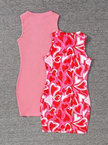 Tween Girl 2pcs Knit Round Neck Sleeveless Sporty Street Casual Heart Print Pink Dress Clothes Set For Valentine's Day