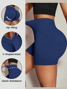 Easithlete 女士褶皱腰运动短裤，性感提臀瑜伽健身弹力舒适女士运动短裤，健身短裤，骑行短裤 - 藏蓝色 - 查看 2