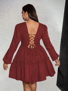 Viva Relle Plus Size Elegant Sexy Solid Deep V-Neck Criss-Cross Backless Dress