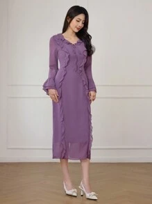 Modelyn Women's Flare Sleeve Chiffon Ruffle Hem Fitted Dress Long Evening Dresses - Purple - View 6