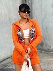 SHEIN SXY Set de 2 piezas de mujer con sudadera con capucha de manga larga con cremallera y estampado, y shorts, estilo Y2K, sudaderas para mujer, sudadera con capucha con cremallera para mujer