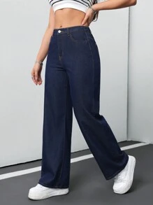 SHEIN Tall CURVE 女士加大码深蓝色宽松牛仔阔腿裤夏季 7 月 4 日女士 7 月 4 日工作机场度假俱乐部高腰牛仔裤复古