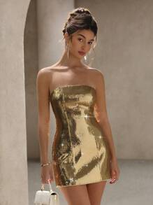 Revavyn Rock Party Cropped Waist Bodycon Sexy Golden Sequin Dress, For Women, Spring/Summer, Valentine's Day - Gold - View 3