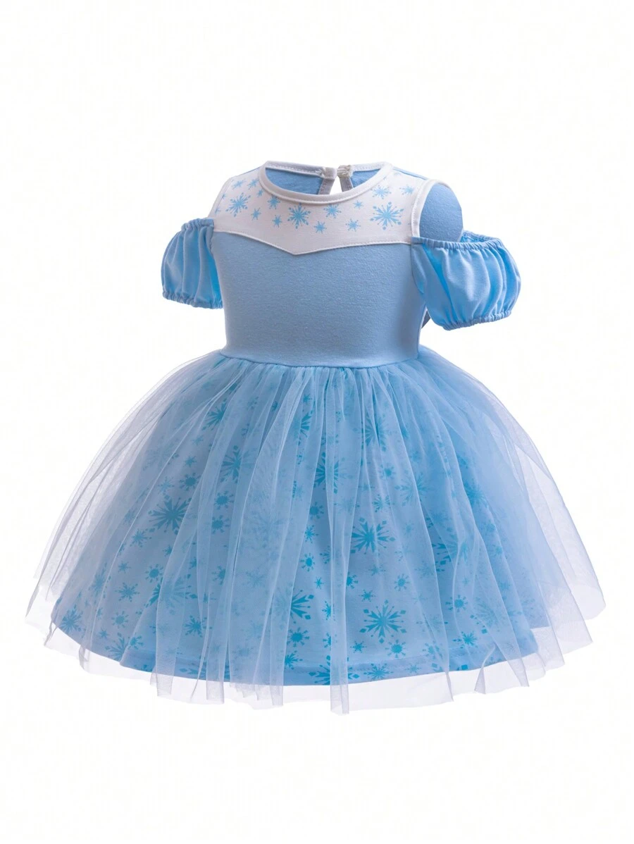 Glamorique Kids Baby Girl Snowflake Print Mesh Patchwork Knit Fabric Party Dress With Bubble Sleeves, Cute And Playful Blue Mesh Dress For Birthday, Performances, Everyday Wear, Cosplay