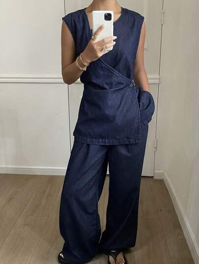 Livesso 复古风格女式夏季宽松休闲牛仔两件套，返校服装