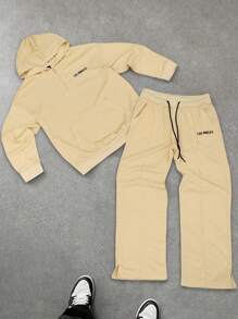 Manfinity Homme 男士运动衫套装，长袖运动衫和裤子，简约休闲风格，适合日常穿着 - 卡其色 - 查看 3