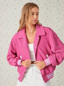 Easelle Chaqueta bomber casual de ajuste holgado para mujer, de pana rosa con estilo universitario, para otoño/invierno