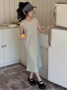 DAZY 青少年女孩休闲简约条纹无袖连衣裙，女孩夏季服装，返校服装 - 黑與白 - 查看 4