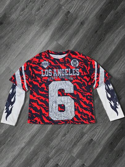 Manfinity EMRG Manfinity Streetrush 男式红色迷彩剪裁 T 恤，带超大时尚数字印花，圆领拼接长袖休闲运动运动衫，二合一烧花设计，数字火焰摩托车运动连帽衫