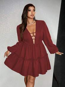 Viva Relle Plus Size Elegant Sexy Solid Deep V-Neck Criss-Cross Backless Dress
