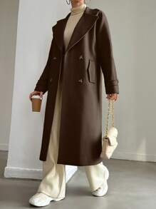 EURMUSE Áo khoác nữ trơn màu đơn giản cài hai hàng khuy, Thu/Đông - Màu nâu Sô-cô-la - Xem 1