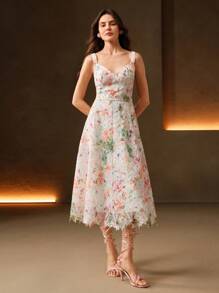 Anewsta 女士优雅花卉蕾丝荷叶边下摆无袖连衣裙，适合春夏季度假、早午餐装 - 彩色 - 查看 4