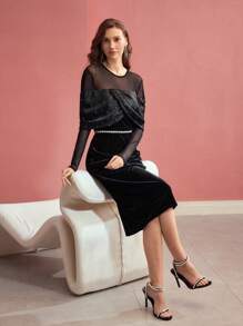 MOTF PREMIUM VELVET SHEER MESH PANEL CROSS WRAP RUCHED FAUX PEARL DETAIL SLIM FIT COCKTAIL DRESS,SPRING/SUMMER - Black - View 2