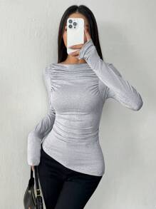 Chiquease Fitted Stretchy Off Shoulder Ruffle Hem Women Top - Light Grey - View 5