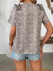 Breezaya Luipaardprint V-hals korte mouw casual shirt, minimalistische en modieuze dagelijkse kleding