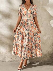SHEIN Clasi Women's Elegant Floral Print V-Neck Splicing Hollow-Out Lace Ruffle Hem A-Line Waist-Cinched Long Dress