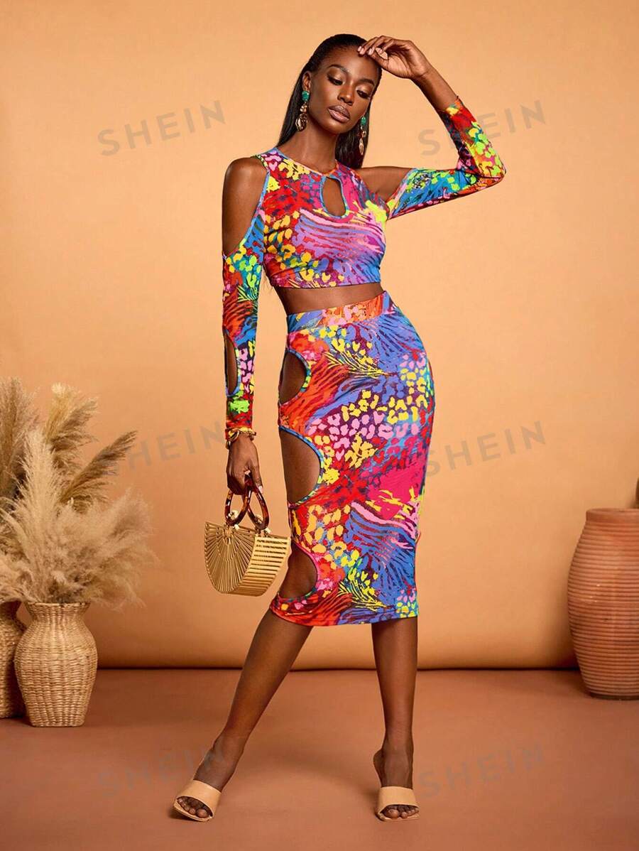 Sylvia Mollie Top de manga larga con recortes y estampado colorido de malla, estilo bohemio y de diseñador, adecuado para vacaciones, salir, festivales, Ibiza