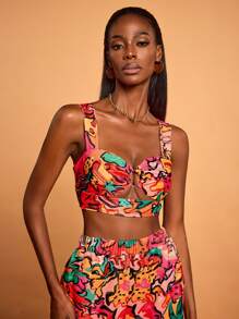 Sylvia Mollie Parte superior de corpiño estampada con flores de colores en estilo bohemio, boho, para mujer, diseño de primavera-verano, apto para vacaciones, salir, festivales, Ibiza