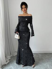 Chiquease 女士优雅亮片露肩领长袖紧身美人鱼下摆两件套服装，秋冬及新年